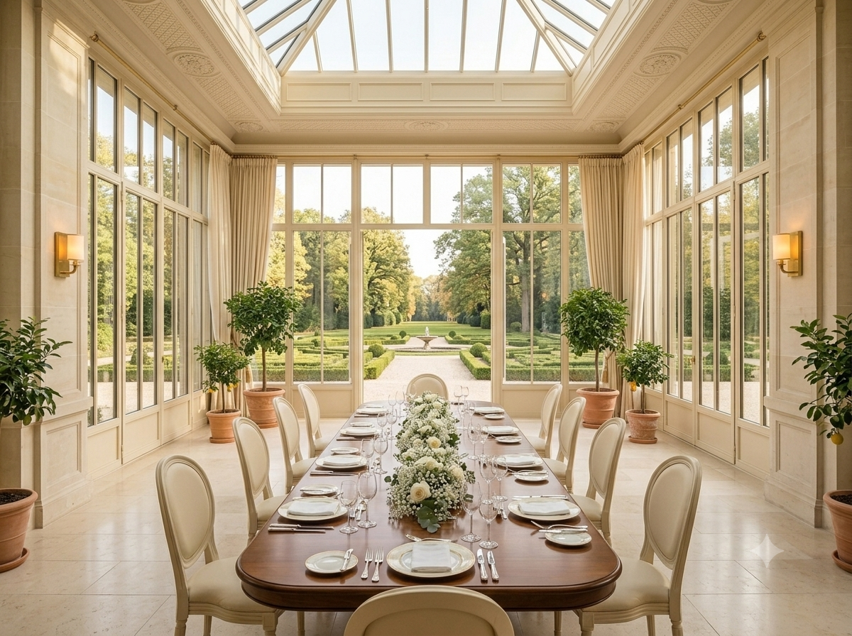 Festlich gedeckte Hochzeitstafel in der lichtdurchfluteten Orangerie der Villa Aurelia mit Blick in den Park