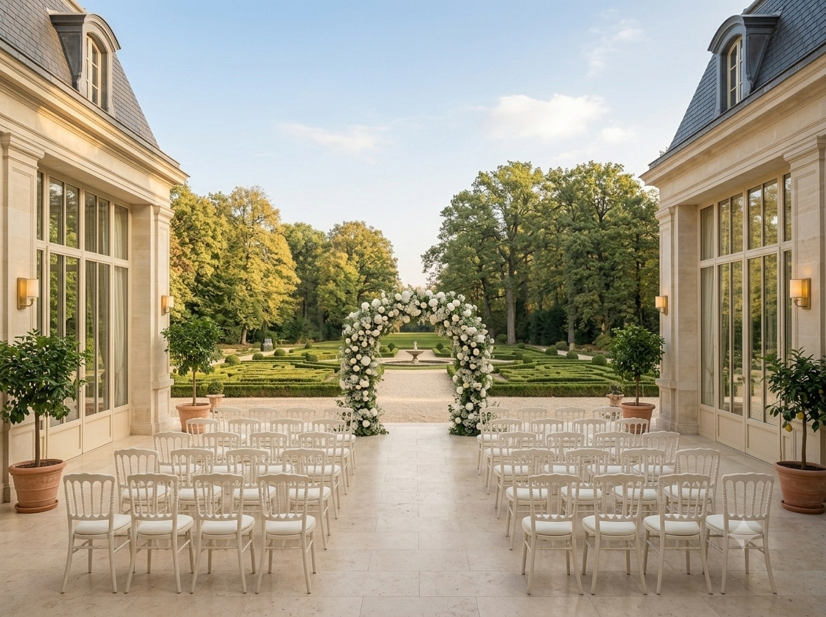 Freie Trauung auf der Terrasse der Villa Aurelia mit weißem Blumenbogen und Stuhlreihen vor dem Barockgarten