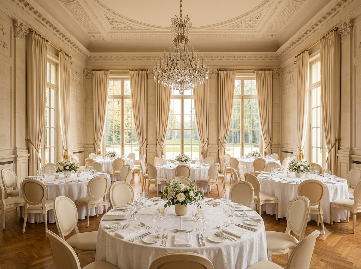 Festlich eingedeckte runde Banketttische im Grand Salon mit Kristallleuchter und hohen Fenstern