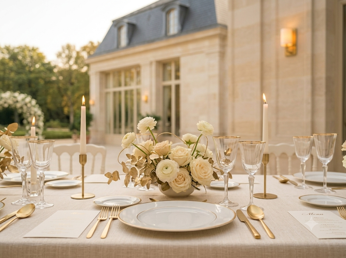 Detail einer eleganten Tischdekoration mit Goldbesteck, Kristallgläsern, Kerzen und weißen Rosen
