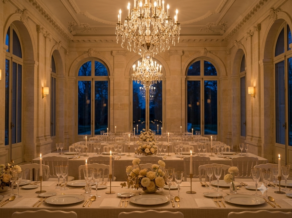 Abendliche Festtafel im kerzenbeleuchteten Saal der Villa Aurelia unter Kristalllüstern zur blauen Stunde
