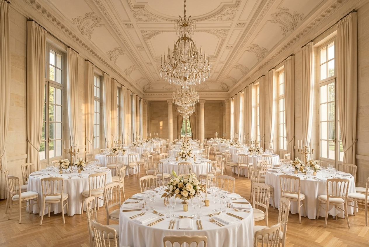 Grand Salon der Villa Aurelia mit reich verzierter Stuckdecke, großem Kristallleuchter, hohen Fenstern und festlich eingedeckten runden Banketttischen auf Parkettboden