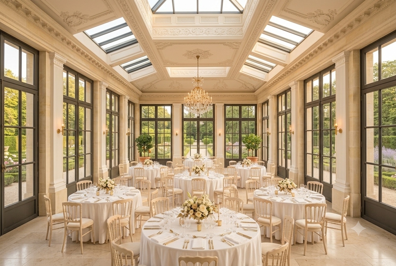 Lichtdurchflutete Orangerie der Villa Aurelia mit verglastem Dach, hohen Fenstern zum Barockgarten und runden, weiß eingedeckten Festtafeln