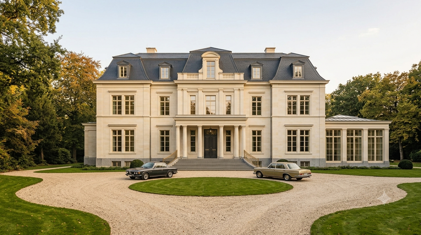 Klassizistische Fassade der Villa Aurelia mit gepflegter Auffahrt und Gärten